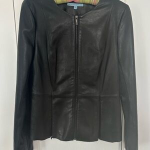 Antonio Melani Black Fitted Leather Jacket with Stand-Up Collar